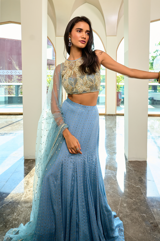 Eva Gray Blue Lehenga Set by Chamee And Palak, available on Indiaspopup.com