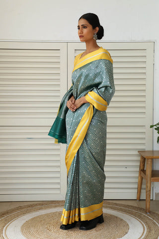 Dharki By Brijesh Gupta-Dhara Green Yellow Silk Sari-INDIASPOPUP.COM