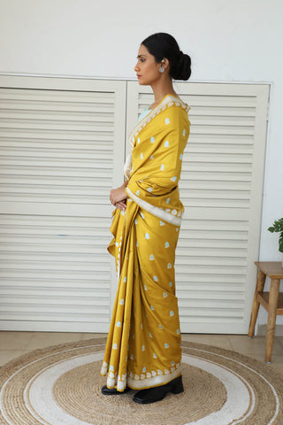 Dharki By Brijesh Gupta-Salal Buti Mustard Katan Silk Sari-INDIASPOPUP.COM