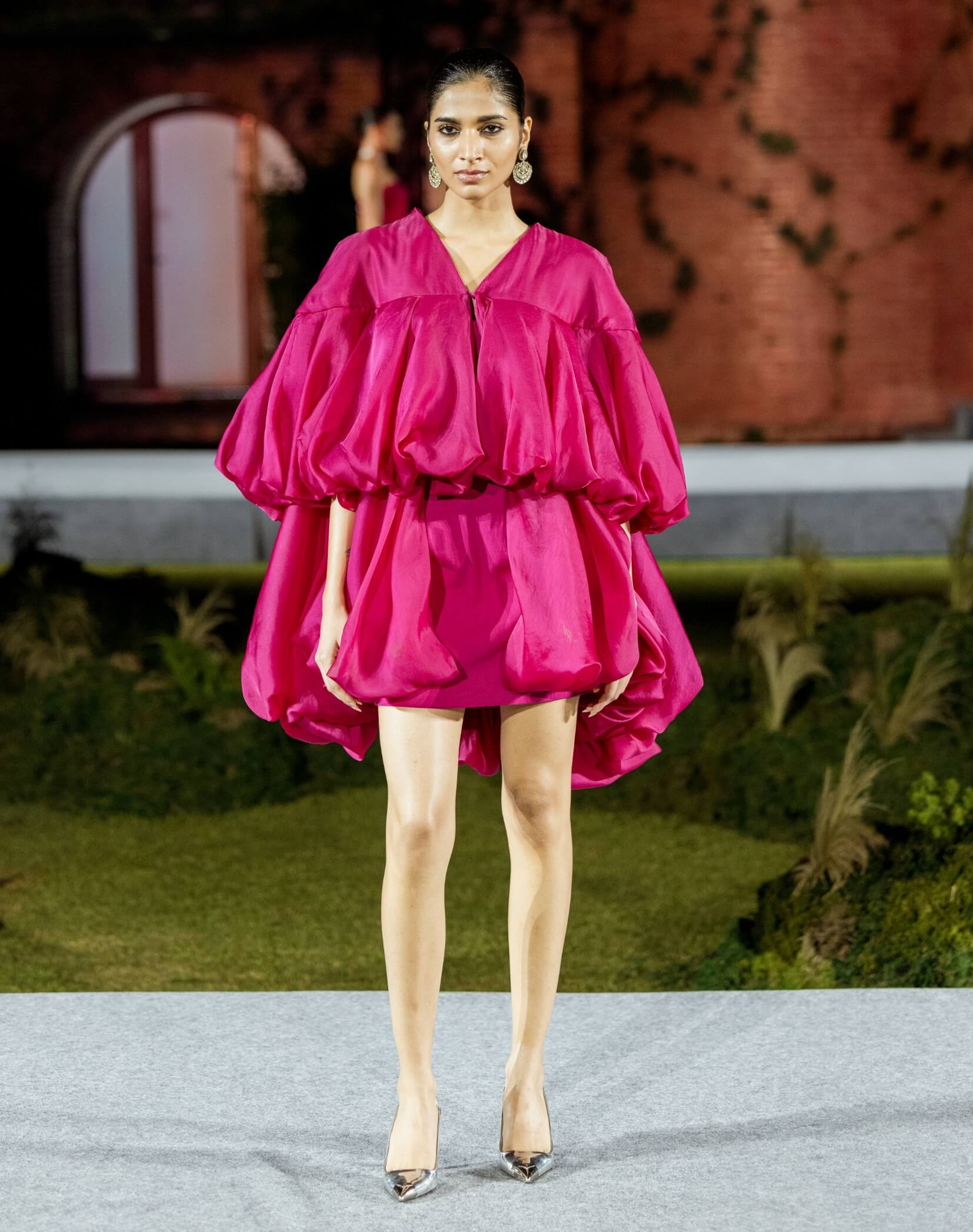 fuchsia organza dress Fuchsia Organza Embellished V-Neck Three Layer Dress