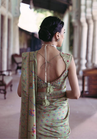 Green sari and embroidered blouse