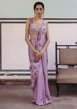 Drishti & Zahabia-Lilac Pre-Draped Sari And Bustier-INDIASPOPUP.COM