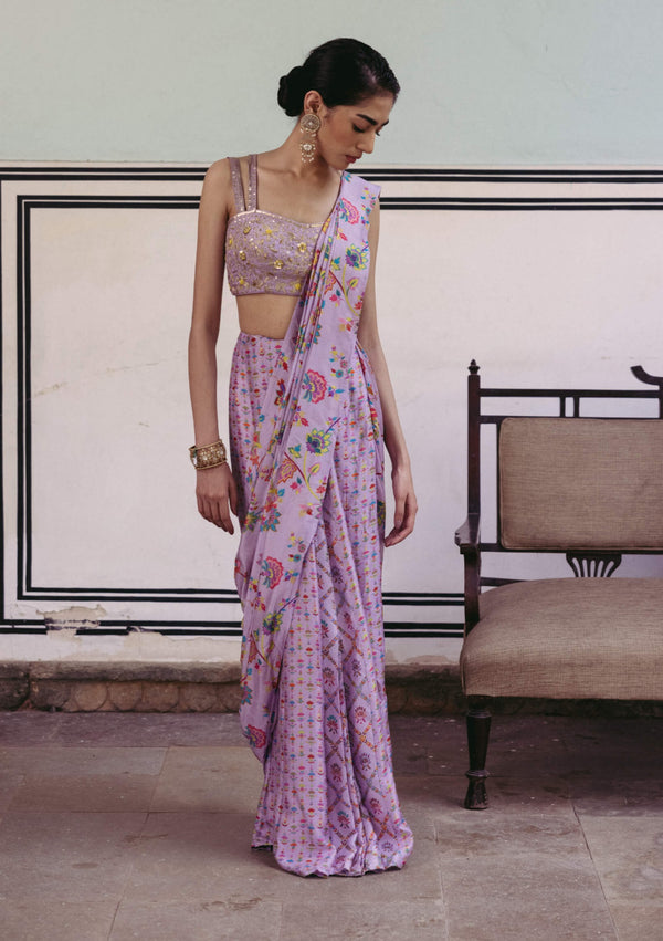 Lilac pre-draped sari and bustier