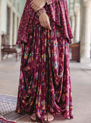Drishti & Zahabia-Plum Cowl Skirt And Asymmetric Tunic-INDIASPOPUP.COM