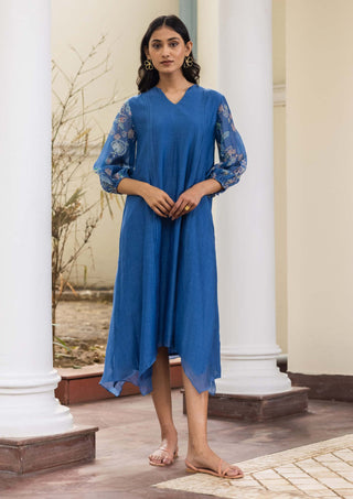 Vaayu-Ocean Blue Floral Dress-INDIASPOPUP.COM