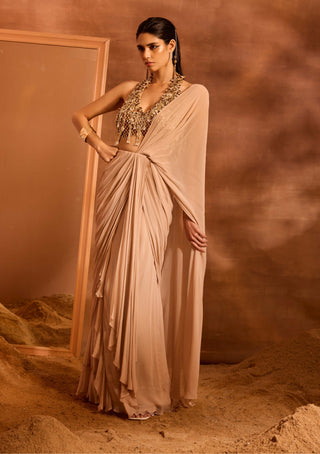 Renee Beige Drape Sari And Blouse by Divya Aggarwal available on Indiaspopup.com