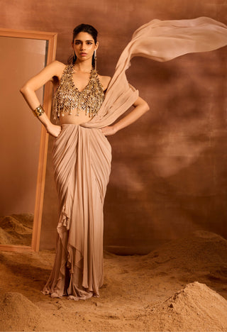 Renee Beige Drape Sari And Blouse by Divya Aggarwal available on Indiaspopup.com