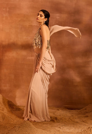 Renee Beige Drape Sari And Blouse by Divya Aggarwal available on Indiaspopup.com