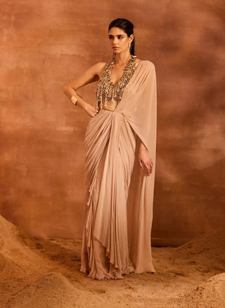 Renee Beige Drape Sari And Blouse by Divya Aggarwal available on Indiaspopup.com