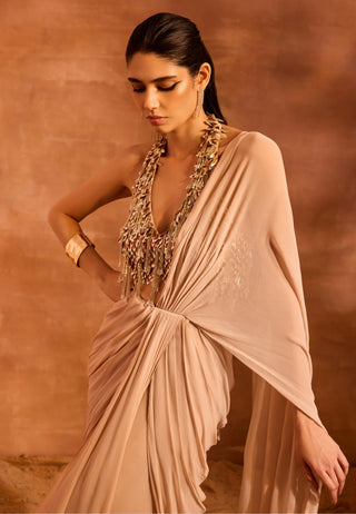 Renee Beige Drape Sari And Blouse by Divya Aggarwal available on Indiaspopup.com