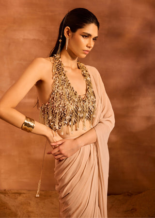 Renee Beige Drape Sari And Blouse by Divya Aggarwal available on Indiaspopup.com