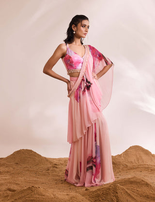 Fiona pink drape ruffle sari and blouse
