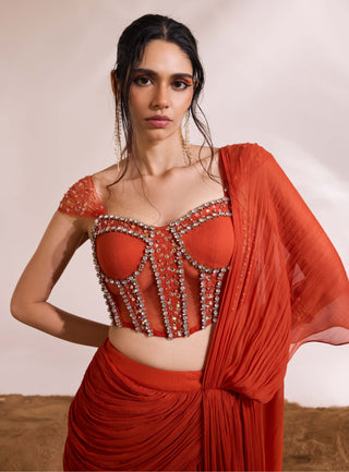 Ignis burnt orange drape sari and blouse
