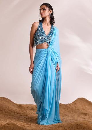 Renee sky blue drape sari and blouse