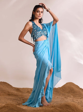 Renee sky blue drape sari and blouse