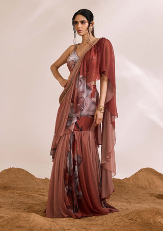 Fiona rust drape ruffle sari and blouse