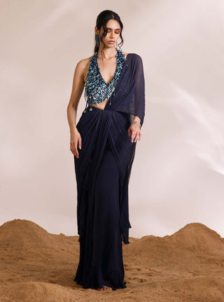 Renee Navy Blue Drape Sari And Blouse by Divya Aggarwal available on Indiaspopup.com