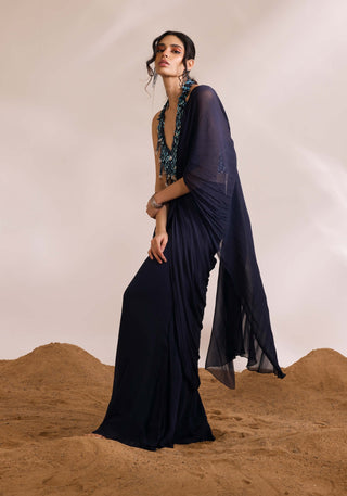 Renee Navy Blue Drape Sari And Blouse by Divya Aggarwal available on Indiaspopup.com