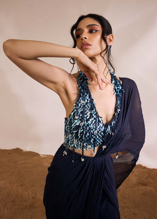 Renee Navy Blue Drape Sari And Blouse by Divya Aggarwal available on Indiaspopup.com