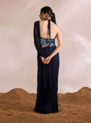 Renee Navy Blue Drape Sari And Blouse by Divya Aggarwal available on Indiaspopup.com