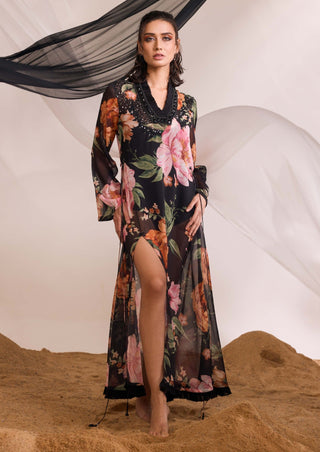 Phoebe black embellished kaftan and slip