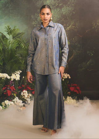 Astra blue denim shirt and flared pants