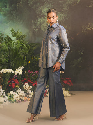 Astra blue denim shirt and flared pants