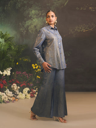 Astra blue denim shirt and flared pants