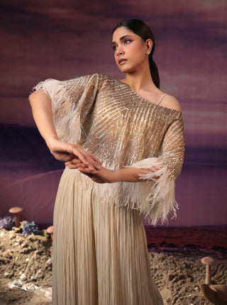 Couture By Niharika-Ivory Embroidered Cape And Pleated Pant Set-INDIASPOPUP.COM