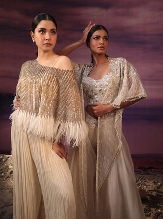 Couture By Niharika-Ivory Embroidered Cape And Pleated Pant Set-INDIASPOPUP.COM