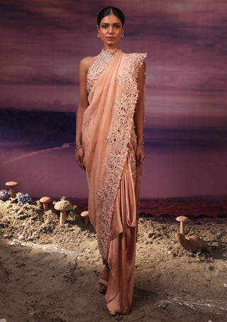 Couture By Niharika-Peach Draped Sari And Blouse-INDIASPOPUP.COM