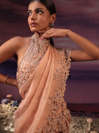 Couture By Niharika-Peach Draped Sari And Blouse-INDIASPOPUP.COM