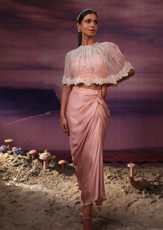 Couture By Niharika-Powder Pink Drape Skirt And Cape-INDIASPOPUP.COM