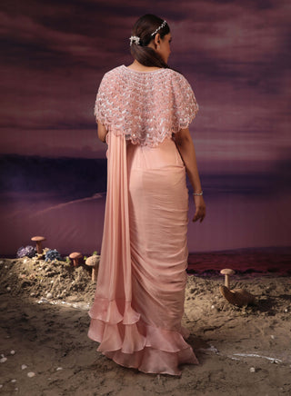Couture By Niharika-Peach Embroidered Cape And Sari Set-INDIASPOPUP.COM