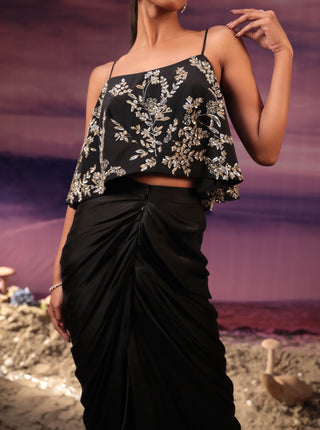 Couture By Niharika-Black Cape And Draped Skirt-INDIASPOPUP.COM