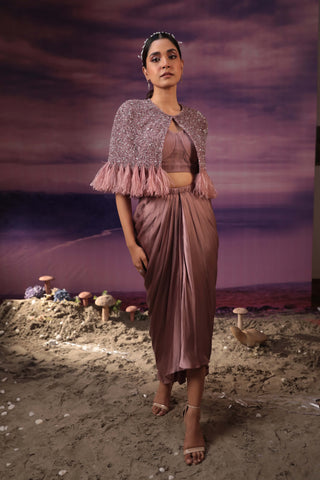 Couture By Niharika-Dusty Purple Drape Skirt And Cape Set-INDIASPOPUP.COM