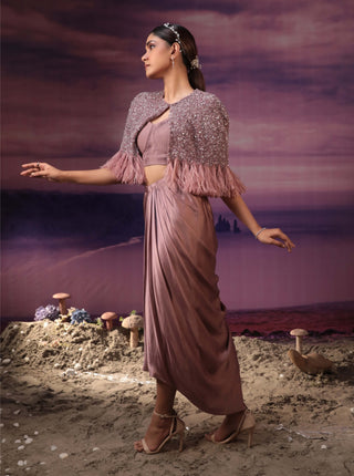 Couture By Niharika-Dusty Purple Drape Skirt And Cape Set-INDIASPOPUP.COM