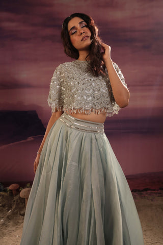 Couture By Niharika-Powder Blue Cape And Flared Skirt Set-INDIASPOPUP.COM