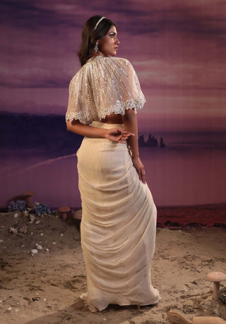 Couture By Niharika-Ivory Embroidered Cape And Draped Skirt Set-INDIASPOPUP.COM