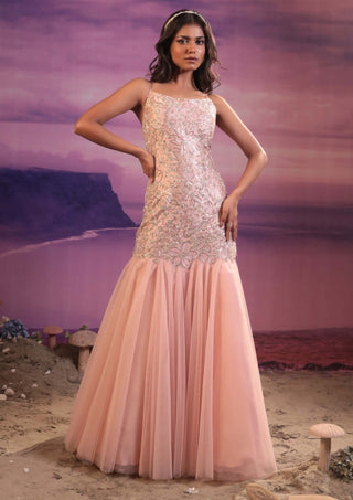Couture By Niharika-Peach Embroidered Cutwork Gown-INDIASPOPUP.COM