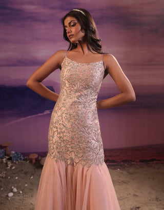 Couture By Niharika-Peach Embroidered Cutwork Gown-INDIASPOPUP.COM