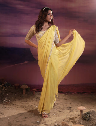 Couture By Niharika-Mango Yellow Sari And Blouse-INDIASPOPUP.COM
