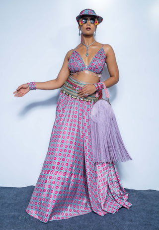 Magenta mosaic crop top and  flared skirt