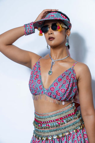 Magenta mosaic crop top and  flared skirt