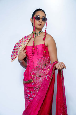 Fuchsia pink corset and sari