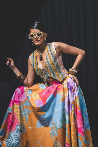 Palette prose lehenga and tie-front top