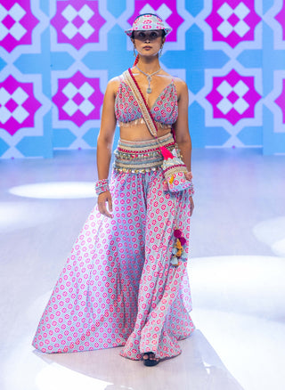 Magenta mosaic crop top and  flared skirt