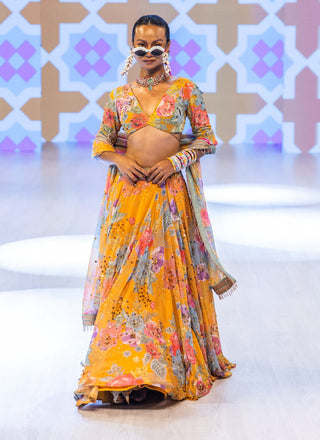 Marigold yellow amber affair lehenga set