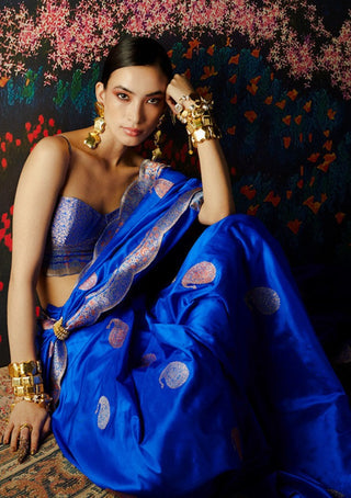Ekaya-Blue Handwoven Silk Sari And Unstitched Blouse-INDIASPOPUP.COM