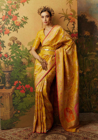 Ekaya-Yellow Tissue Sari And Unstitched Blouse-INDIASPOPUP.COM